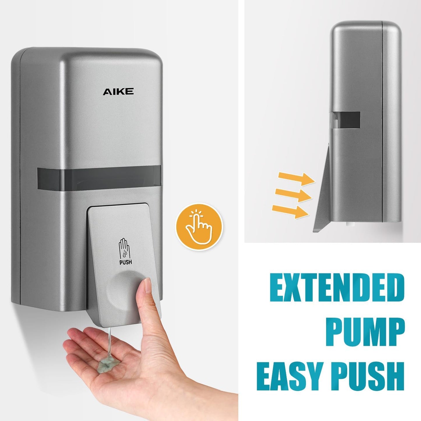 AIKE Wall Mount Liquid Soap Dispenser, 27oz Large Capacity with Extended Pump for Commercial Bathrooms(Silver)