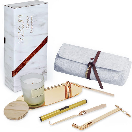Exquisite Candle Accessories Tool Pack Bag, Rechargeable Electric Lighter， Wick Trimmer, Dipper, Snuffer and Tray Holder Elegant Kit Gift for Candle Lovers in Dating, Valentines Decor. (French Gold)