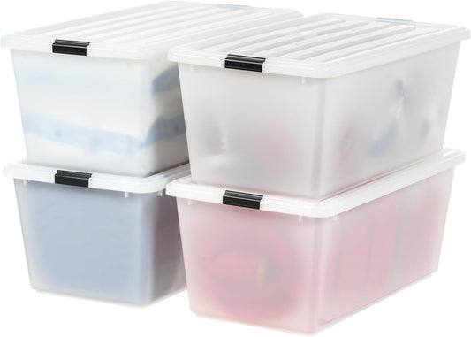 IRIS USA 91 Qt Stackable Plastic Storage Bins with Lids, 4 Pack - BPA-Free, Discreet Organizing Solution, Latches, Durable Nestable Containers, Secure Pull Handle, Made in USA - Pearl