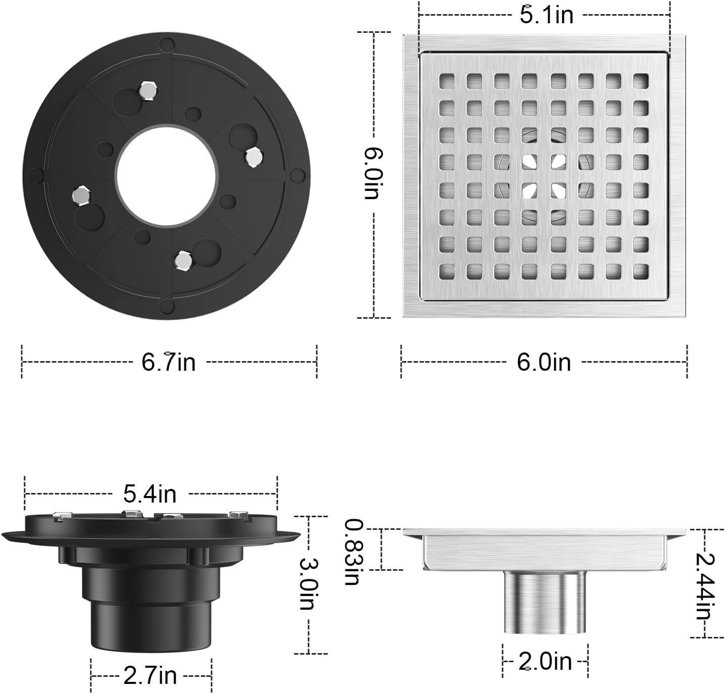 6 Inch Square Shower Floor Drain Brushed Stainless Steel Drain Kit with Flange, Removable Grid Cover, Hair Strainer