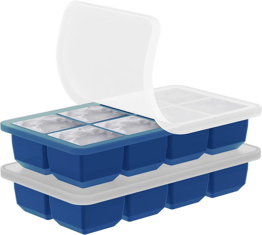 2 Pack Silicone 2 Inch Large Ice Cube Molds for Cocktails Wine Fruit and Bourbon Whiskey Easy Release Ice Cube Tray with Lid Ideal for Cold Drinks and Entertaining Gatherings (Ocean Blue)