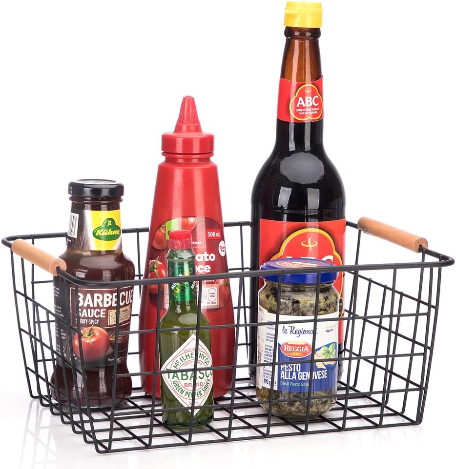 LeleCAT Wire Baskets with Wooden Handles Wire Storage Organizer Bin Baskets, Pantry, Closets, Bedrooms - Set of 2（Black）