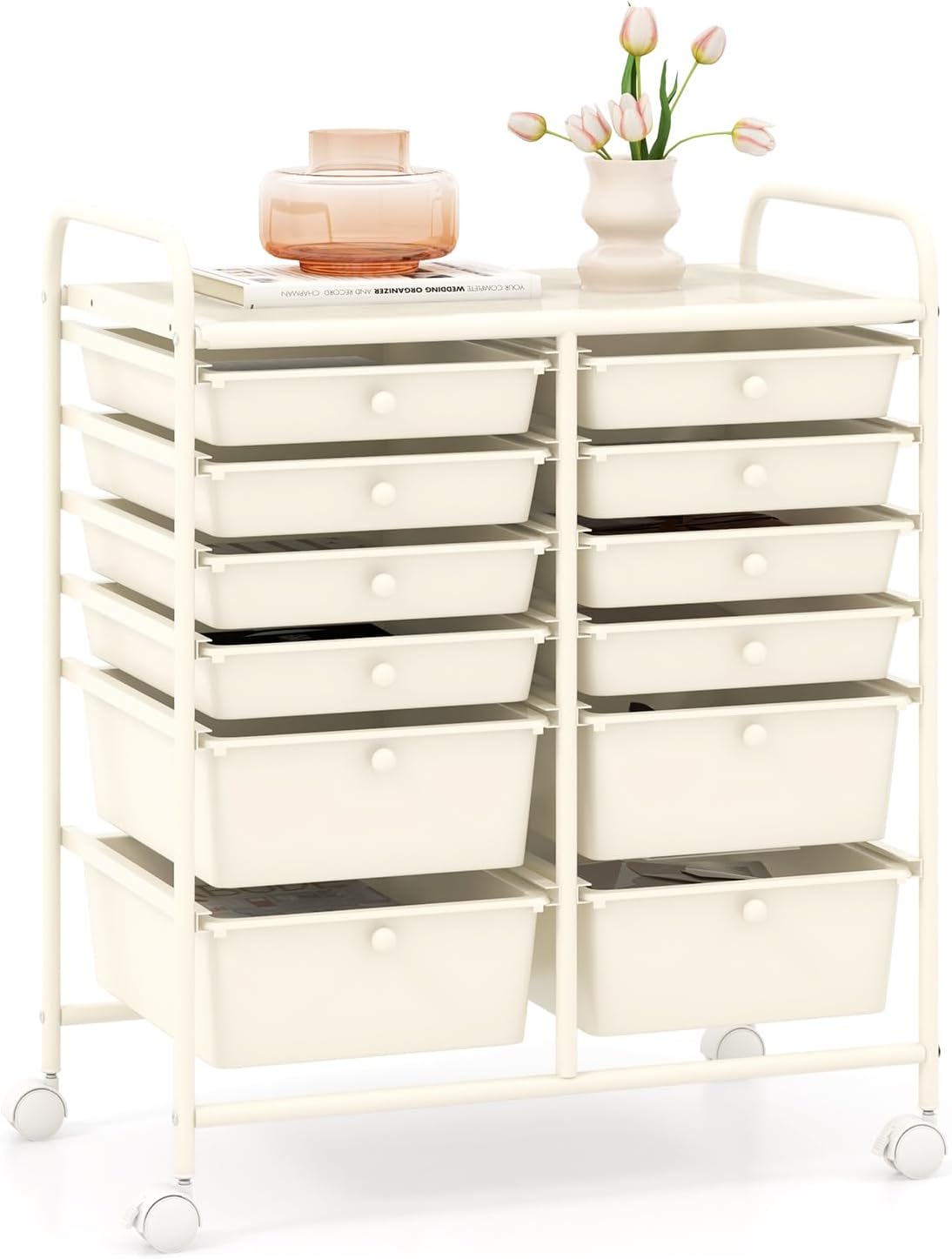 GOFLAME 12-Drawer Rolling Storage Cart, Multipurpose Organizer Cart with 2 Sizes Plastic Drawers, Mobile Utility Cart with Lockable Casters for School, Home Office, Beauty Salon, White
