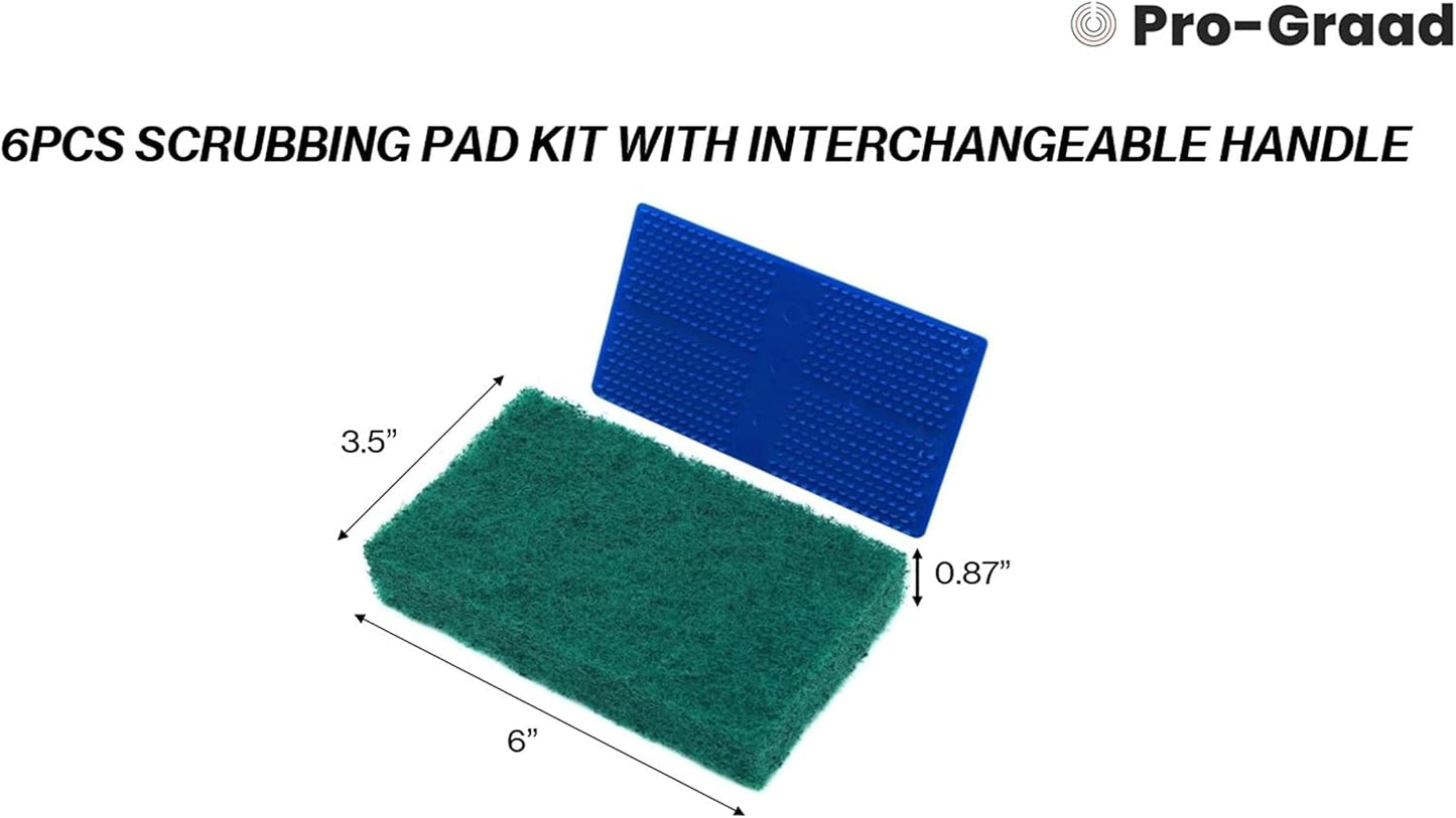6pcs Scrubbing Pad Kit Interchangeable Reusable Handle | 5 Different Scrubbing & Scouring Pads: Red, White, Blue, Green, Black | for Bathroom, Kitchen, Grill, Teak, Boat Hull Bottom Cleaning