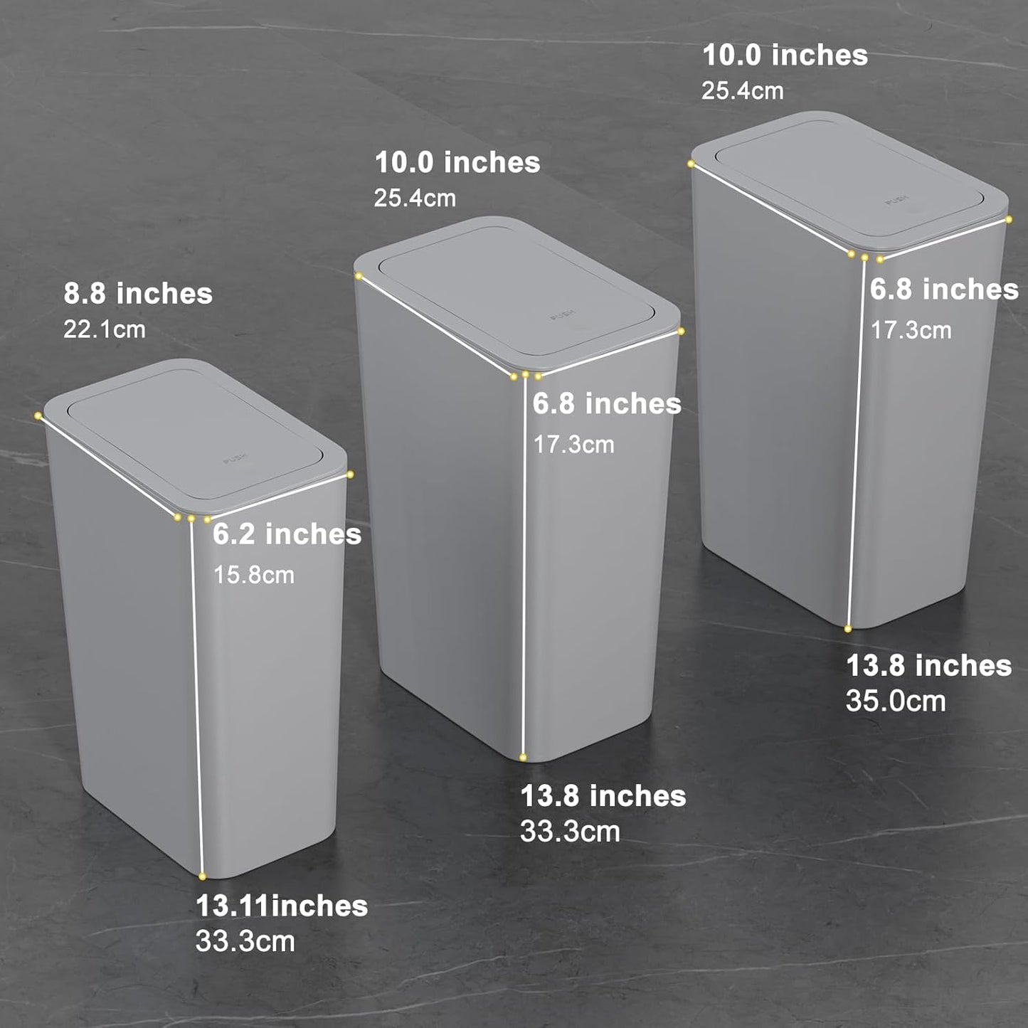 N. NETDOT Bathroom Trash Can with Lid 3 Pack Set, 2 Packs 4 Gal Slim Kitchen Trash Can and 1 Pack 2.6Gal Garbage Can, Small Trash Bin/Waste Basket for Bedroom (Grey, Pack of 3)