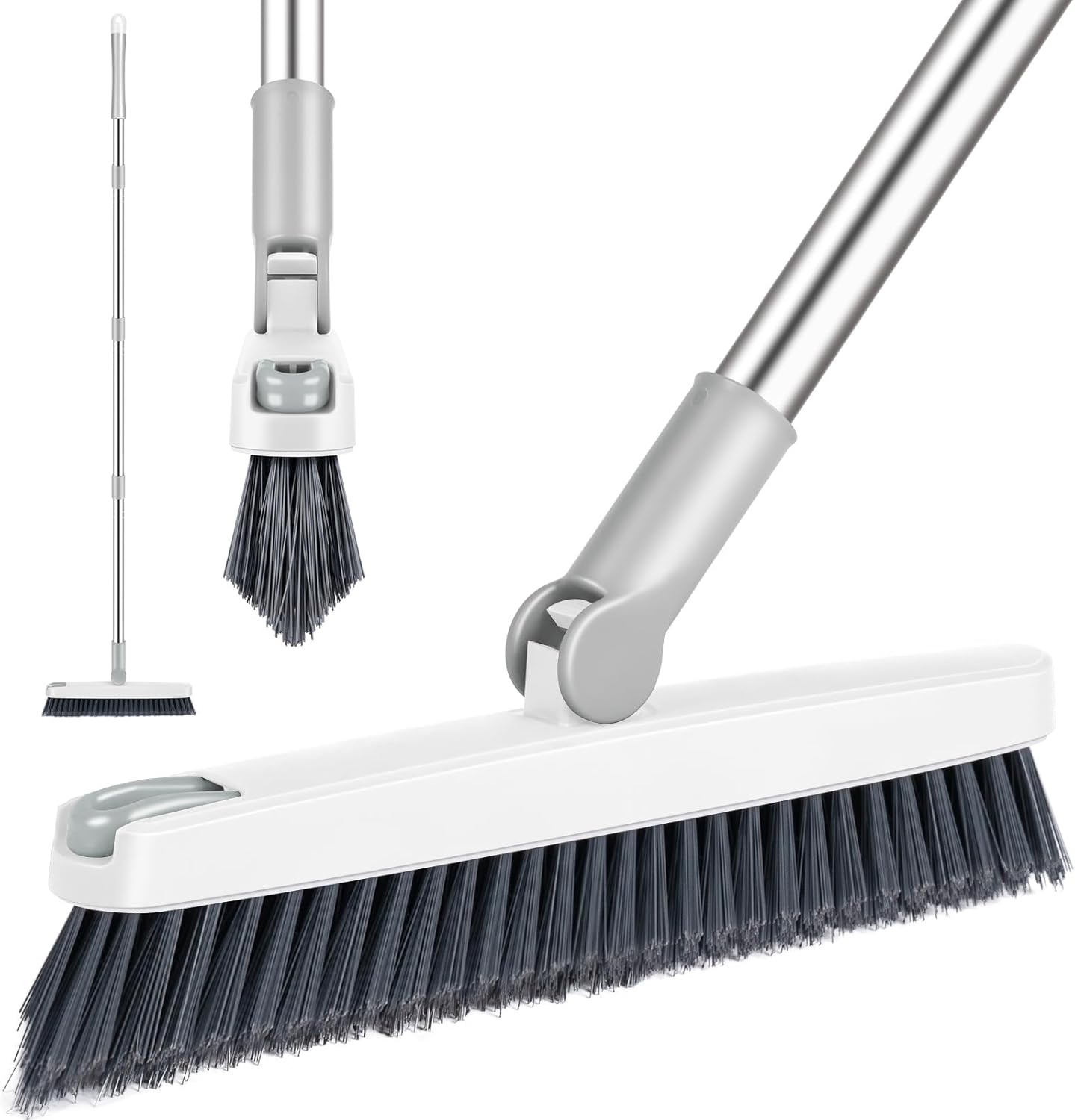 AIR U+ Grout Brush with Long Handle 180° Swivel Scrub Brush with Tweezers to Hair Clip V-Shape Grout Line Scrubber Stiff Bristles for Deep Cleaning Crevice, Tile Line, Shower, Kitchen, Corners（White）