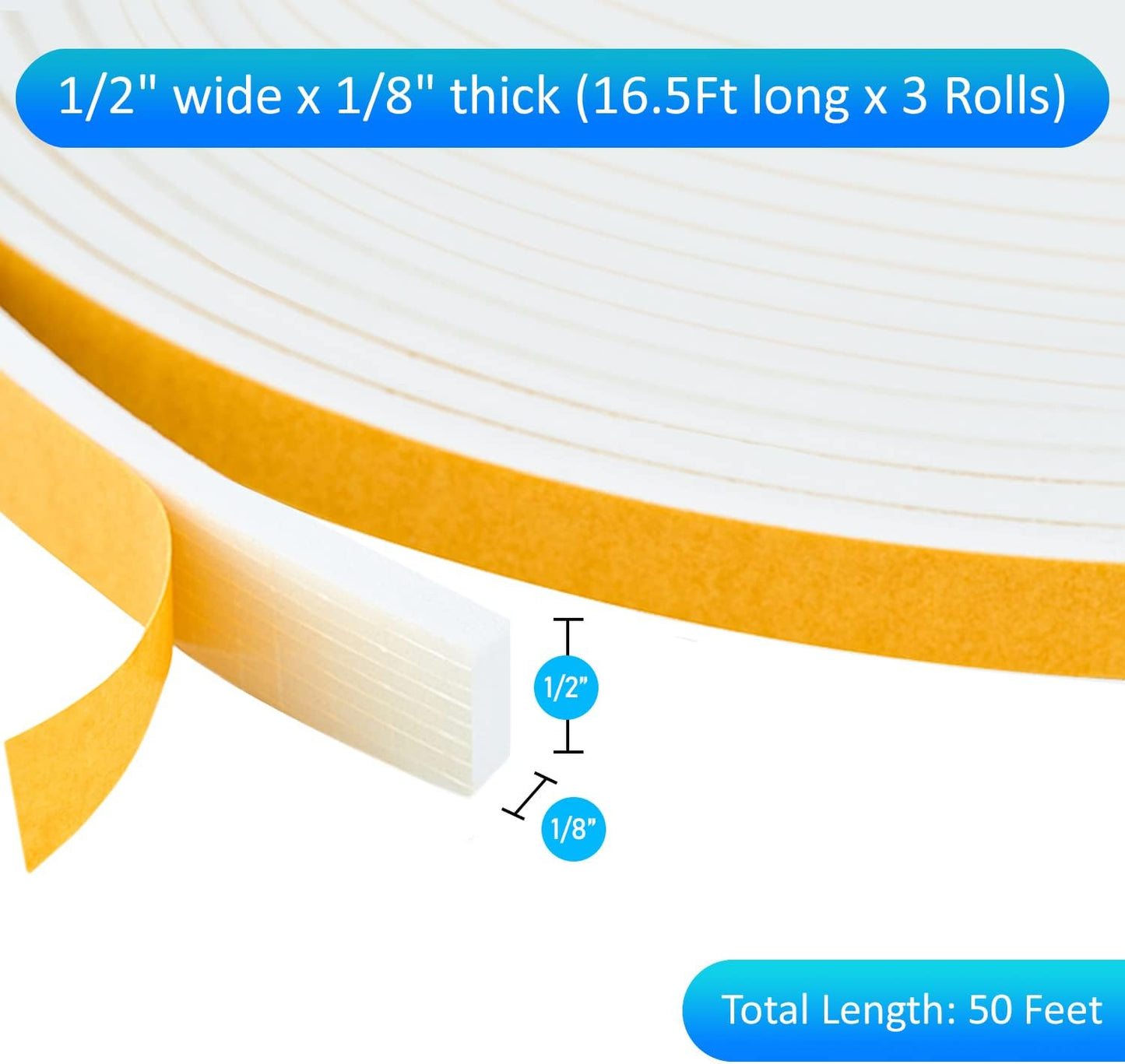High Density Foam Weather Stripping Door Seal Strip Insulation Tape Roll for Insulating Door Frame, Window, Air Conditioner | Self Adhesive Sealing Weatherstrip (White, 1/2 in x 1/8 in x 50)