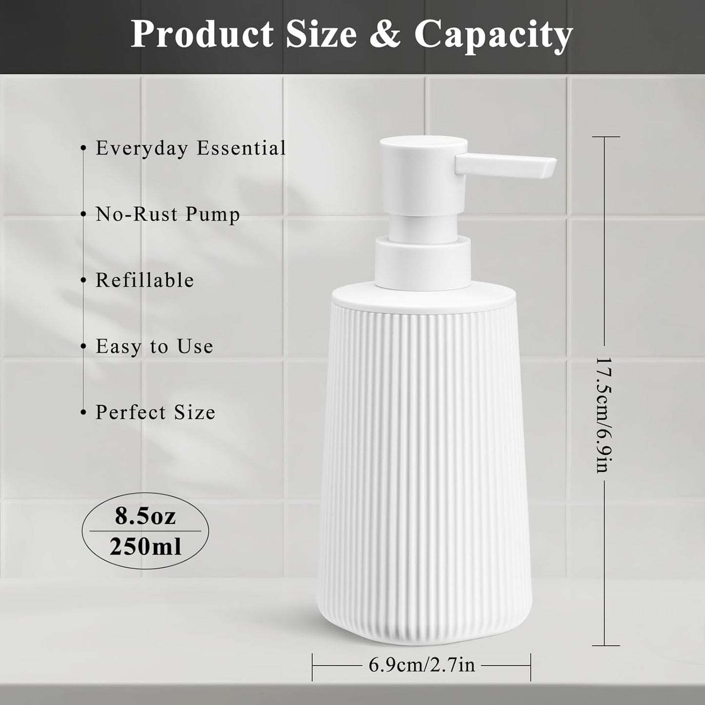 White Hand Soap Dispenser with No Rust Pump for Bathroom and Kitchen Countertops Refillable Striped Matte Plastic 8.5 oz