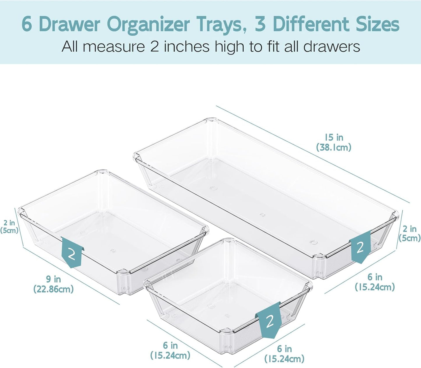 6 Pack Large Clear Plastic Drawer Organizer Trays, Desk Drawer Organizers and Storage Dividers, Non-Slip Storage Bins for Jewelry, Snacks, Office, Bathroom, Bedroom and Kitchen