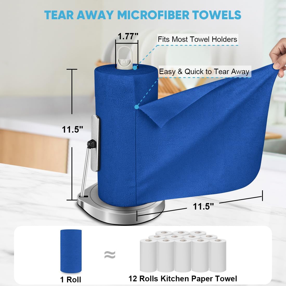 AIDEA Microfiber Cleaning Cloth Roll, 50PK, Reusable Paper Towels Tear Away Cloth, Microfiber Towels Washable Shop Rags, Lint Free Cleaning Rags for House, Kitchen, Window, 11.5"×11.5", Dark Blue
