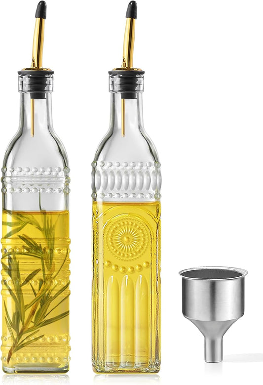 2 Pcs Olive Oil Dispenser Bottle for Kitchen,17oz Clear Glass Cooking Oil and Vinegar Dispenser Set, Coffee Syrup Dispenser with 2 Pourers and 1 Funnel (Two squares)