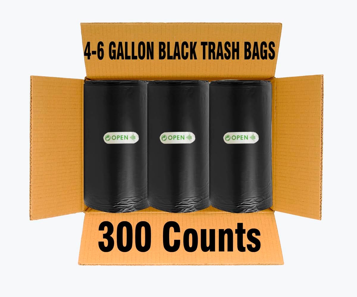 4-6 Gallon Trash Bags, 300 Count Black Garbage bags, Multi-purpose Trash Can Bin Liners for Bathroom, Office, Industrial, Commercial, Janitorial, Municipal, Recycling