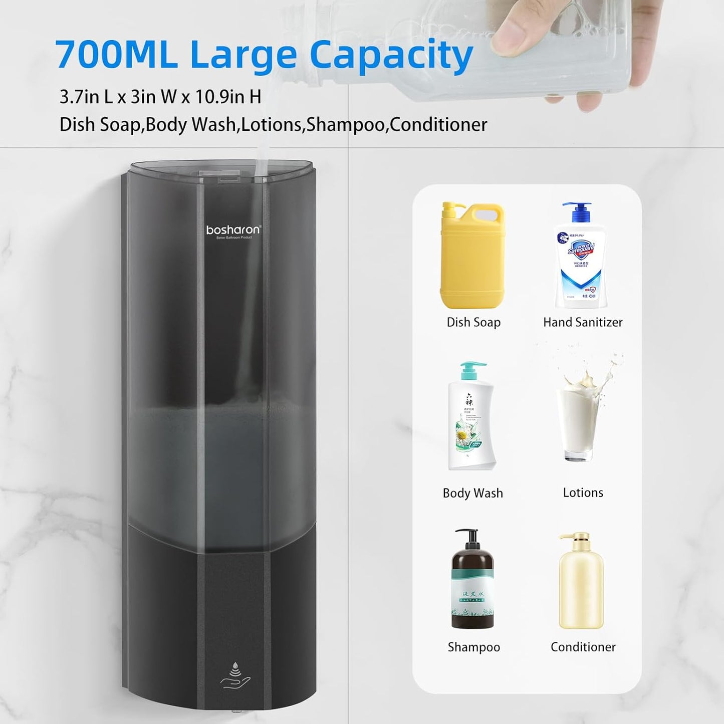 Automatic Soap Dispenser, Wall Mounted Liquid Soap Dispenser 24.6oz/700ml with Infrared Sensor, Touchless Battery Operated Hand Soap Dispenser with 3 Adjustable Soap Levels for Bathroom (Black)