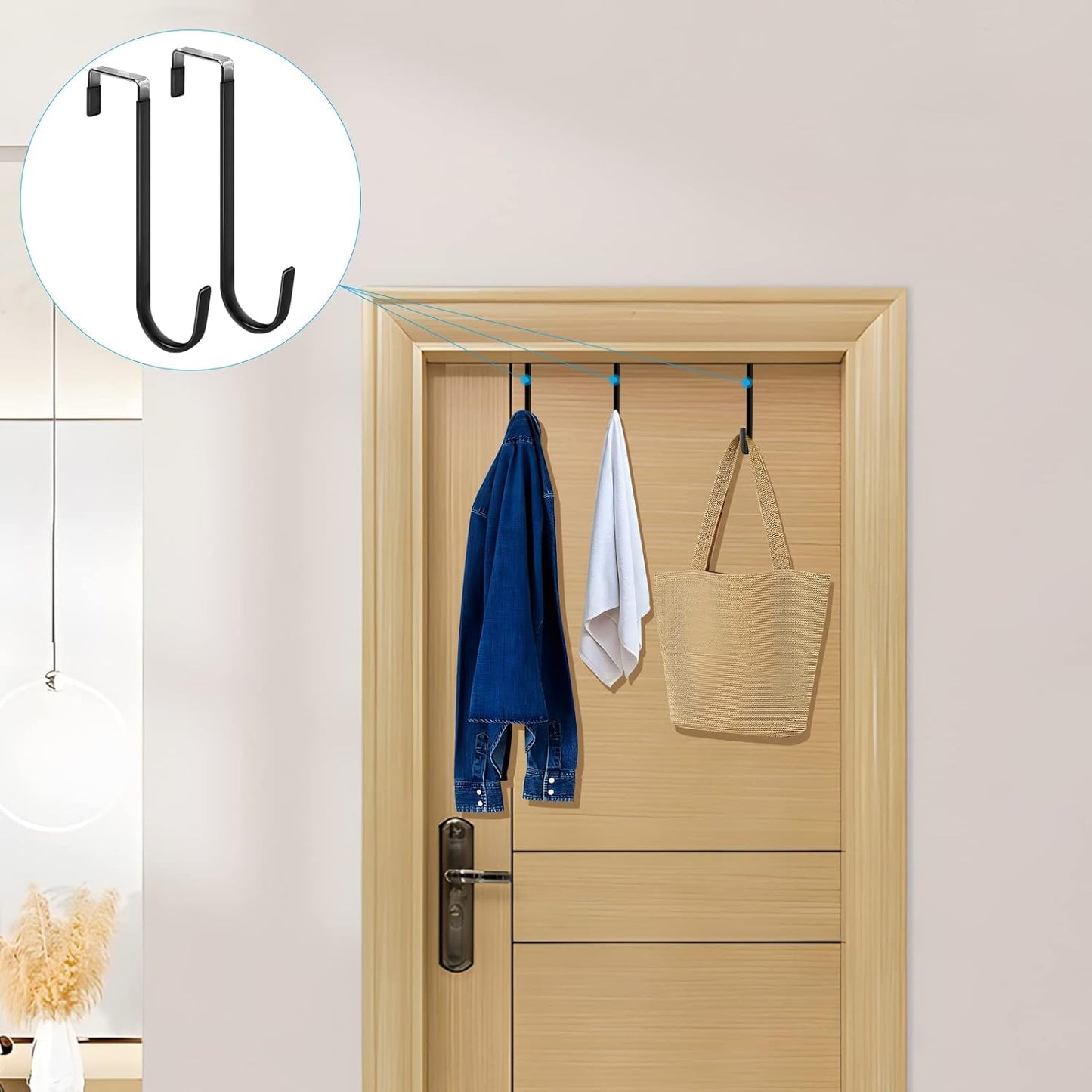 FYY Over The Door Hooks, 4 Pack Upgraded Long Door Hangers Hooks with Rubber Prevent Scratches Heavy Duty Organizer Hooks for Hanging Clothes, Towels, Hats, Coats, Bags Black