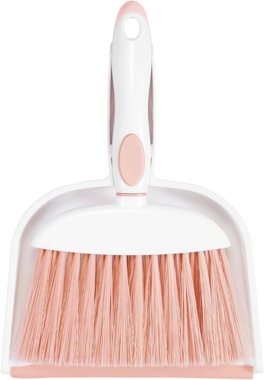 NACENA Small Dust Pan and Brush Set, Mini Broom and Dustpan Set Small Hand Broom and Brush Combo Dust Pan with Teeth for Home Cleaning Drawers Desktop Sofas Pet Care and Outdoor, Pink