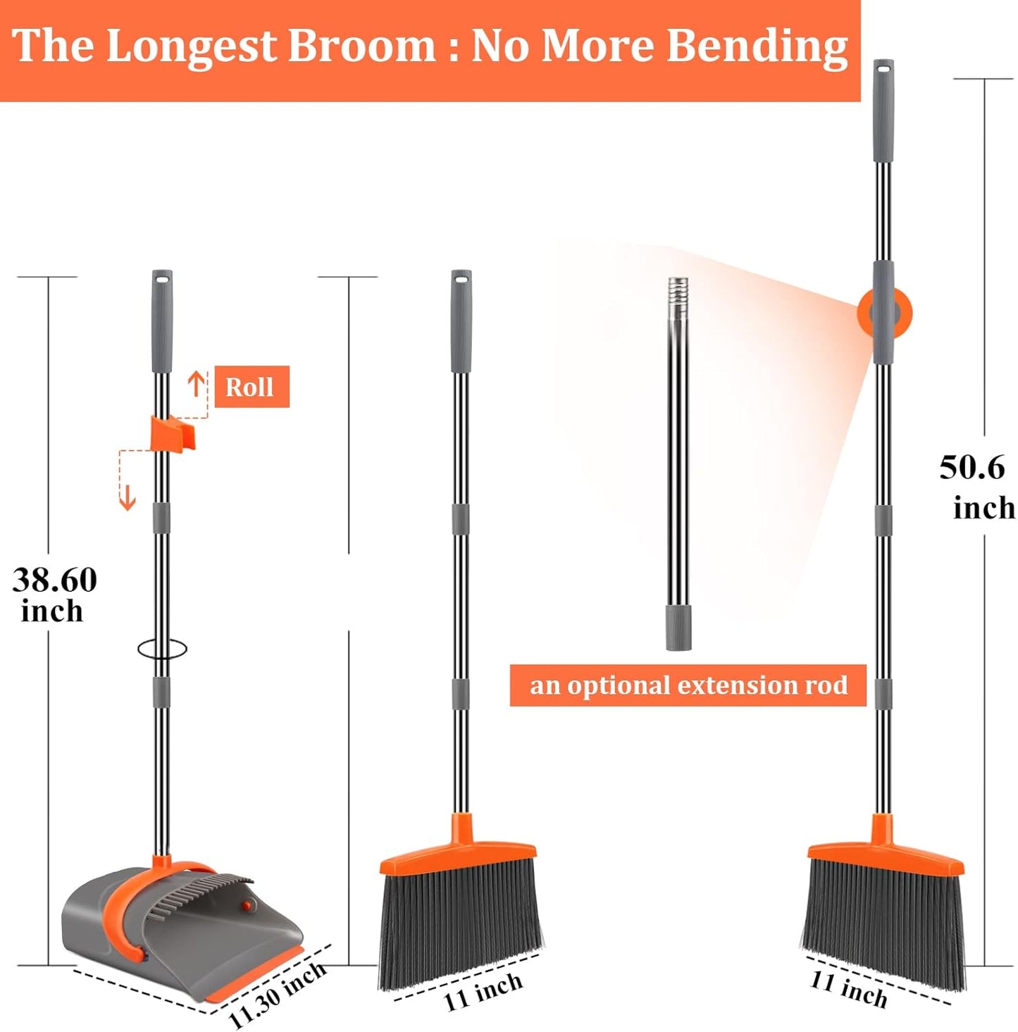 Broom and Dustpan Set for Home, Broom and Dustpan Combo for Office, Long Handle Broom with Upright Standing Dust pan,Indoor&Outdoor Sweeping (Gray&Orange)