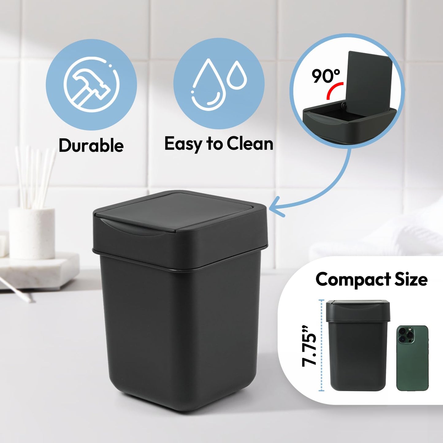 carrotez Mini Trash Can, Coffee Bar, Vanity, Desk, Countertop, 2 Liter/ 0.5 Gallon, Mini Wastebasket, Garbage Container Bin - Black