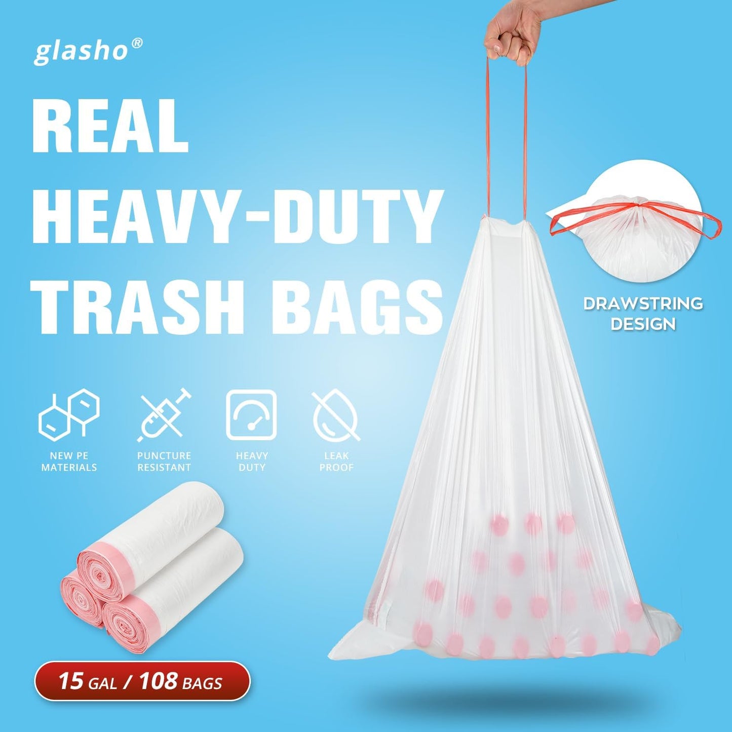 Ultra Thick 15 Gallon Drawstring Trash Bags, 108 Count Heavy Duty Large Plastic Garbage Bag, Leak Proof Trash Can Liners for Tall Kitchen Home Office Lawn Outdoor, White