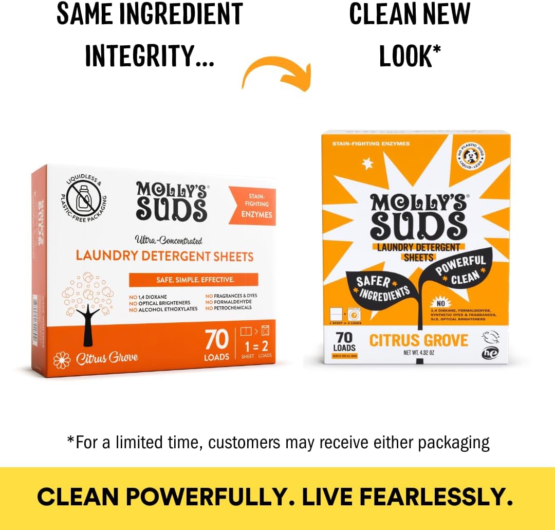 Molly’s Suds Laundry Detergent Sheets | Gentle on Sensitive Skin, Powerful Bio-Based Enzymes, Stain-Fighting | Liquidless & Plastic-Free Packaging | 120 Loads (Citrus Grove)