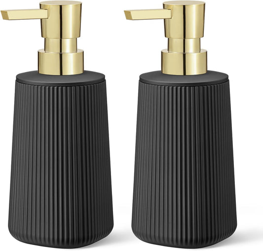 Black and Gold 2 Pack Hand Soap Dispensers with No Rust Pump for Bathroom and Kitchen Countertops Refillable Striped Matte Plastic 8.5 oz
