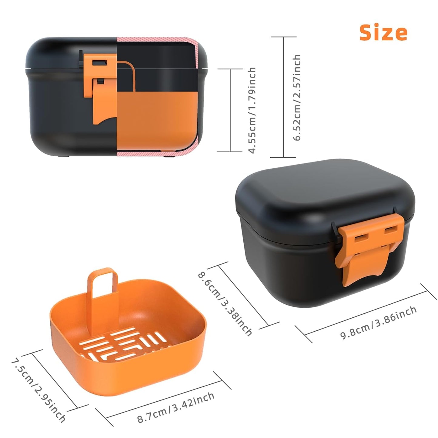 ARGOMAX Leak Proof Denture Bath Cup, Portable Soaking Denture Box, Denture Bath Case with Strainer, for Dentures and Braces (Black + Orange).