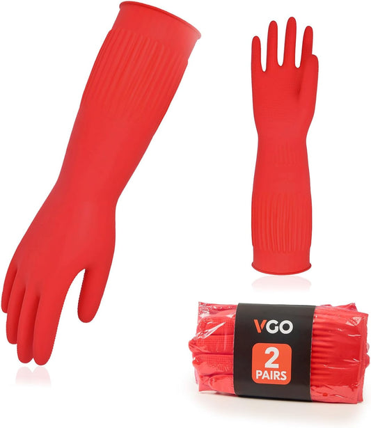Vgo 2-Pairs Dishwashing Gloves, Reusable Household Gloves, Long Sleeve, Thick Latex, Cleaning, Washing, Working, Painting, Gardening, Pet Care (Size S, Red, RB2143)