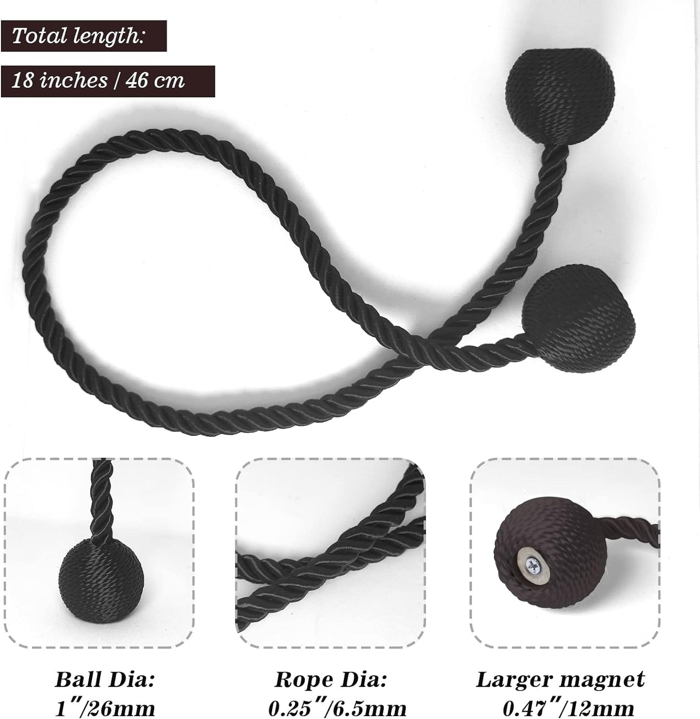 Hion Magnetic Curtain Tiebacks Black 6 Pack, Curtain Tiebacks Buckles Holdbacks Holders Hooks Clip for Home Bedroom Office Decorative Thick or Thin Curtain