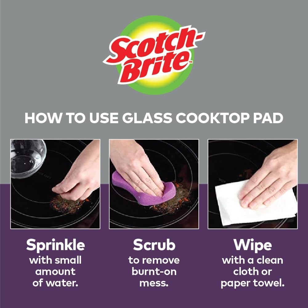 Scotch-Brite Glass Cooktop Pads, Scratch-Free & Non-Abrasive Scrubbers for Glass or Ceramic Stovetops, Cleans Burnt-On Messes with Just Water, Reusable Dishwasher-Safe Design, 4 Pads