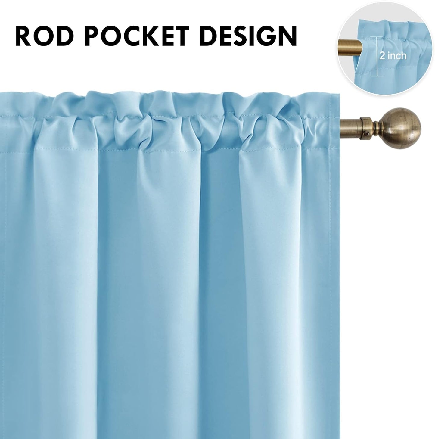 DWCN Blackout Curtains for Bedroom - Thermal Insulated Privacy Energy Saving Rod Pocket Drapes for Living Room, W 38 x L 63 Inch, Light Blue, Set of 2
