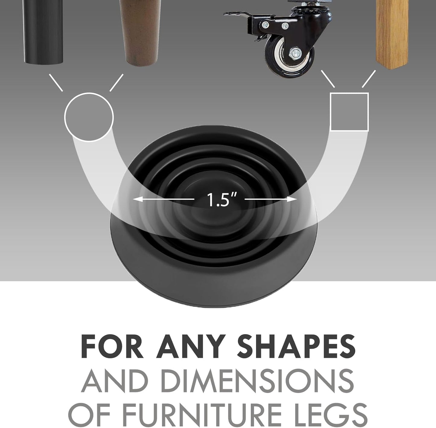 Furniture Coasters, 1.5X1.5 Rubber Caster Cups Non Slip Furniture Pads Non Skid Furnitures Grippers Anti Slide Floor Protector for Bed Couch Table Chair Stoppers - 4 Pack, Black