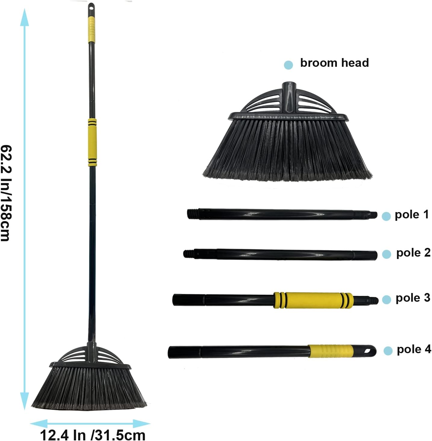 Four-Section Rod Long-Handled Broom,Heavy-Duty Broom, Angle Broom for Outdoor/Indoor（Black+Orange）