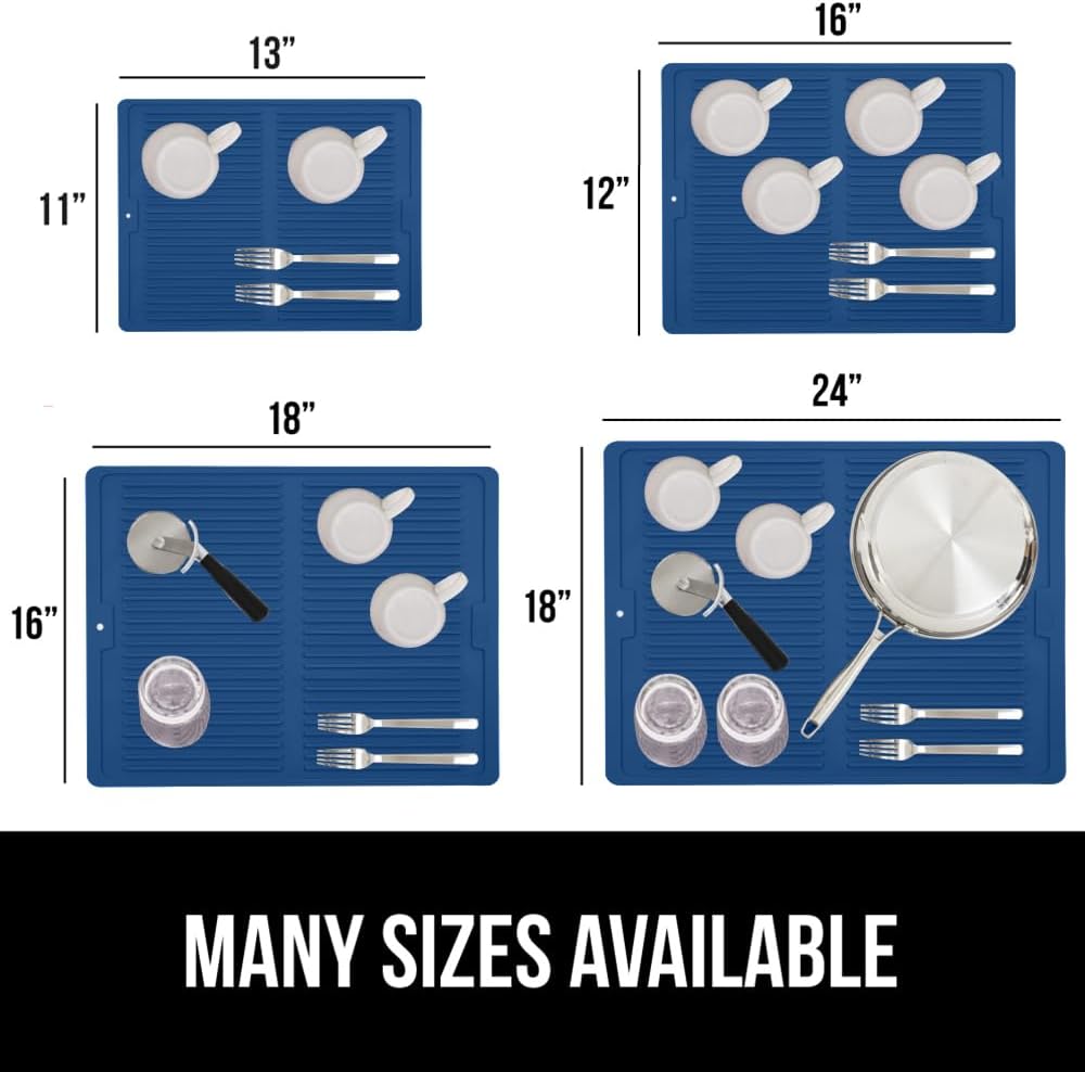 GORILLA GRIP 100% BPA-Free Patented Silicone Dish Drying Mat for Kitchen Counter, Water Catching Ribbed Design, Easy Clean Waterproof Sink Liner, Heat Resistant, Fits Under Rack, 13x11 Inch, Blue