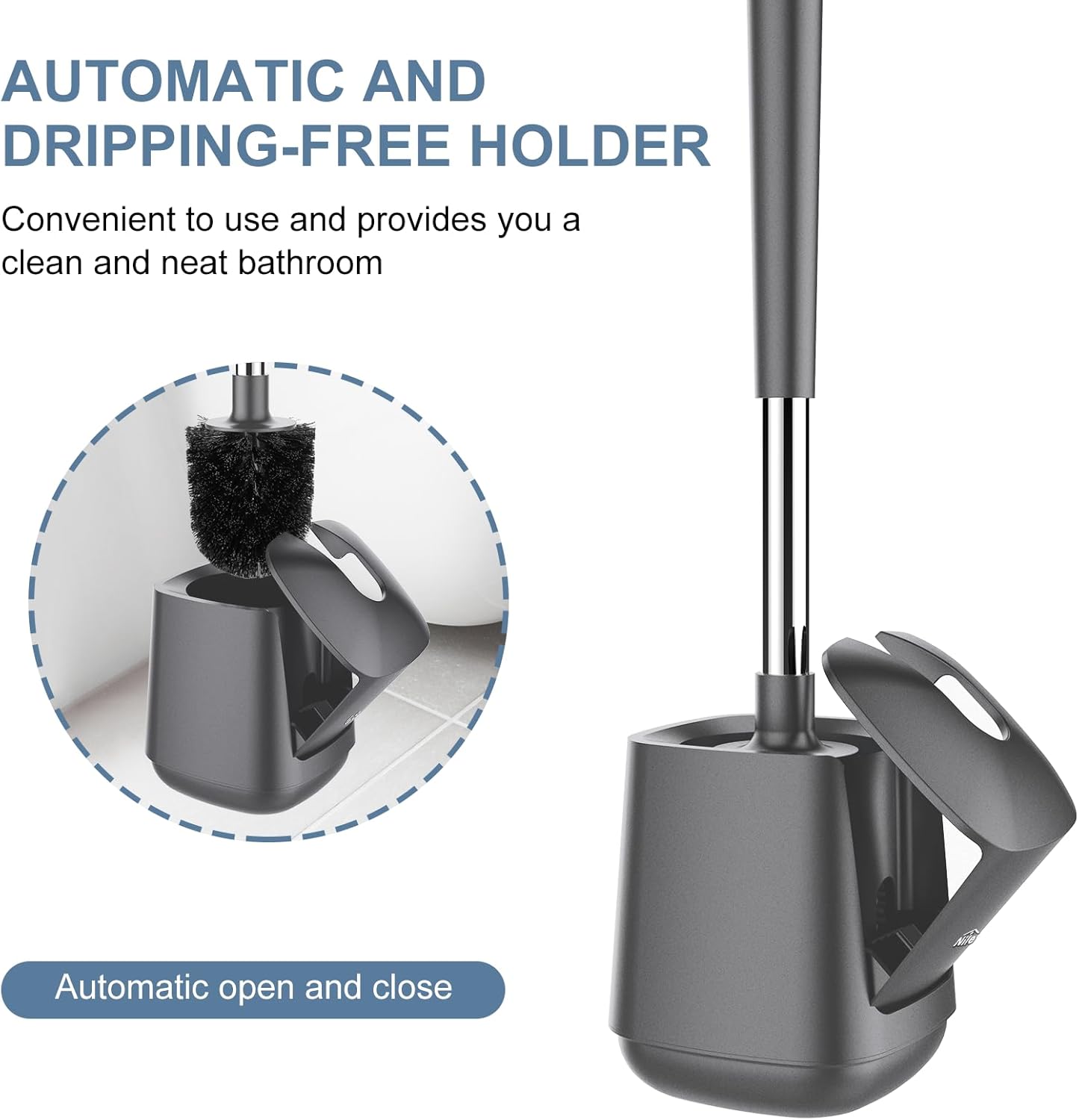 SetSail Toilet Brush and Holder 4 Pack, Self Closing Lid Toilet Bowl Brushes Holder Extra Long Handle Ventilated Toilet Brush Set for Bathroom Cleaning, Nylon Bristles, Grey