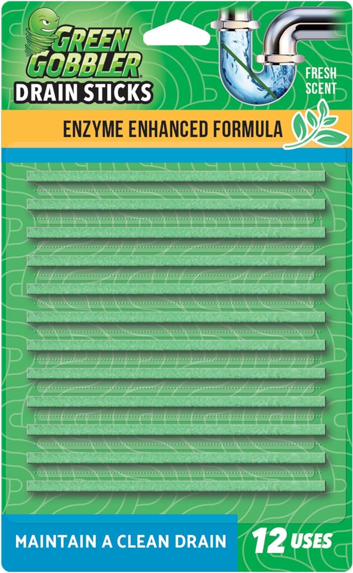 Green Gobbler Drain Cleaner and Deodorizer Sticks with Enzymes - Maintain a Clean Drain, Safe for Pipes and Septic Tanks, Use Monthly - 12 Pack
