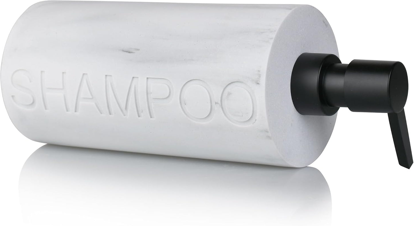 Matte White Shampoo Dispenser Modern Refillable Pump Bottle with Embossed Text, Durable Resin Construction for Bathroom and Kitchen