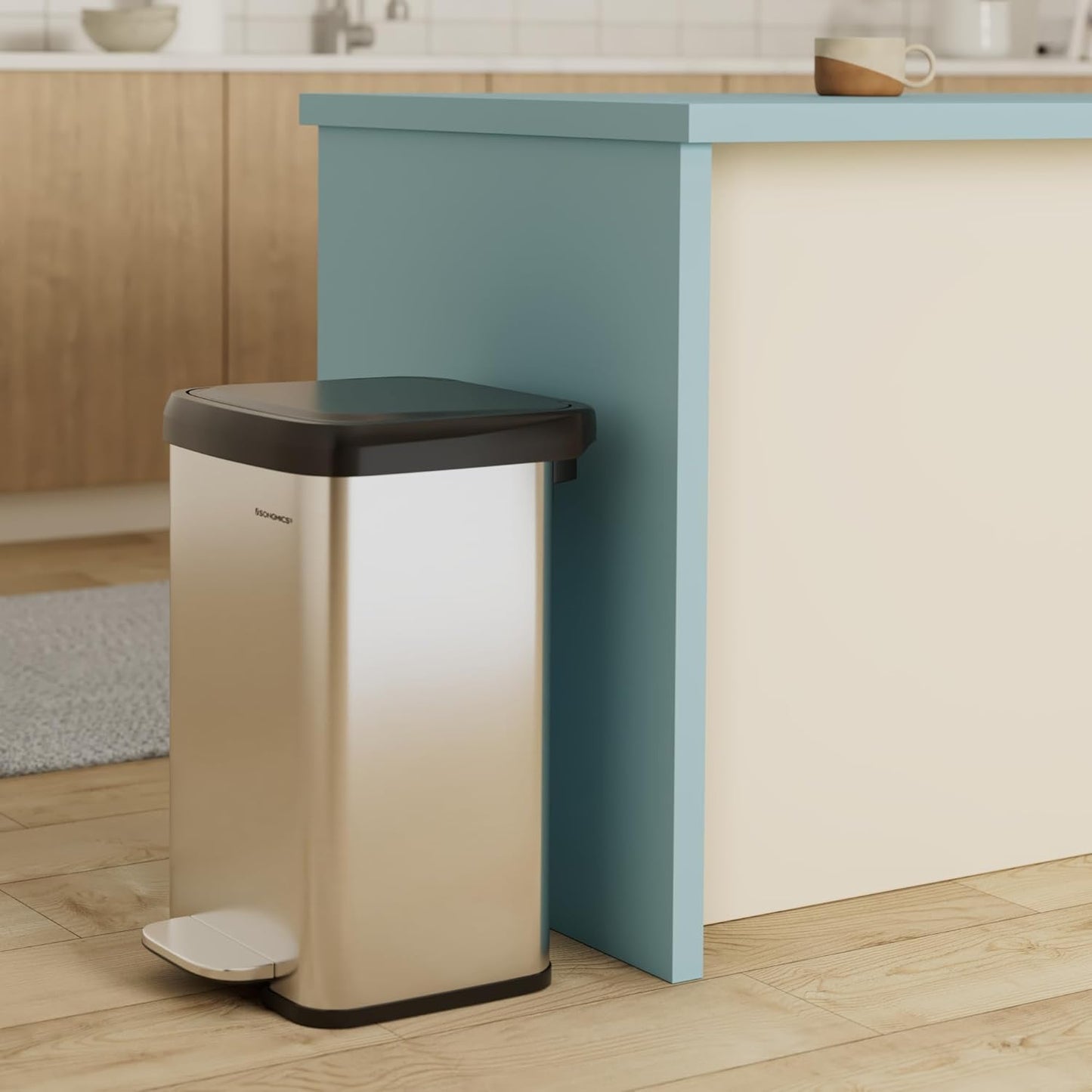 SONGMICS Kitchen Trash Can, 13 Gallon (50 L) Stainless Steel Garbage Can, with Stay-Open Lid and Step-on Pedal, Soft Closure, Tall, Large and Space-Saving, Silver and Black ULTB530E50