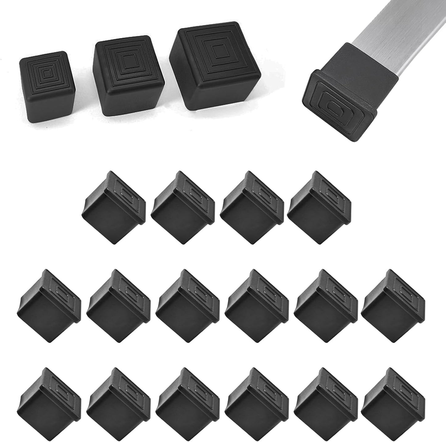 16 Pcs 2" x 2" Square Rubber Chair Leg Caps, PVC Table Leg Covers, Flexible & Anti-Slip Furniture Leg End Caps, Chair Leg Floor Protectors for Bar Stool Leg Patio Indoor, Black