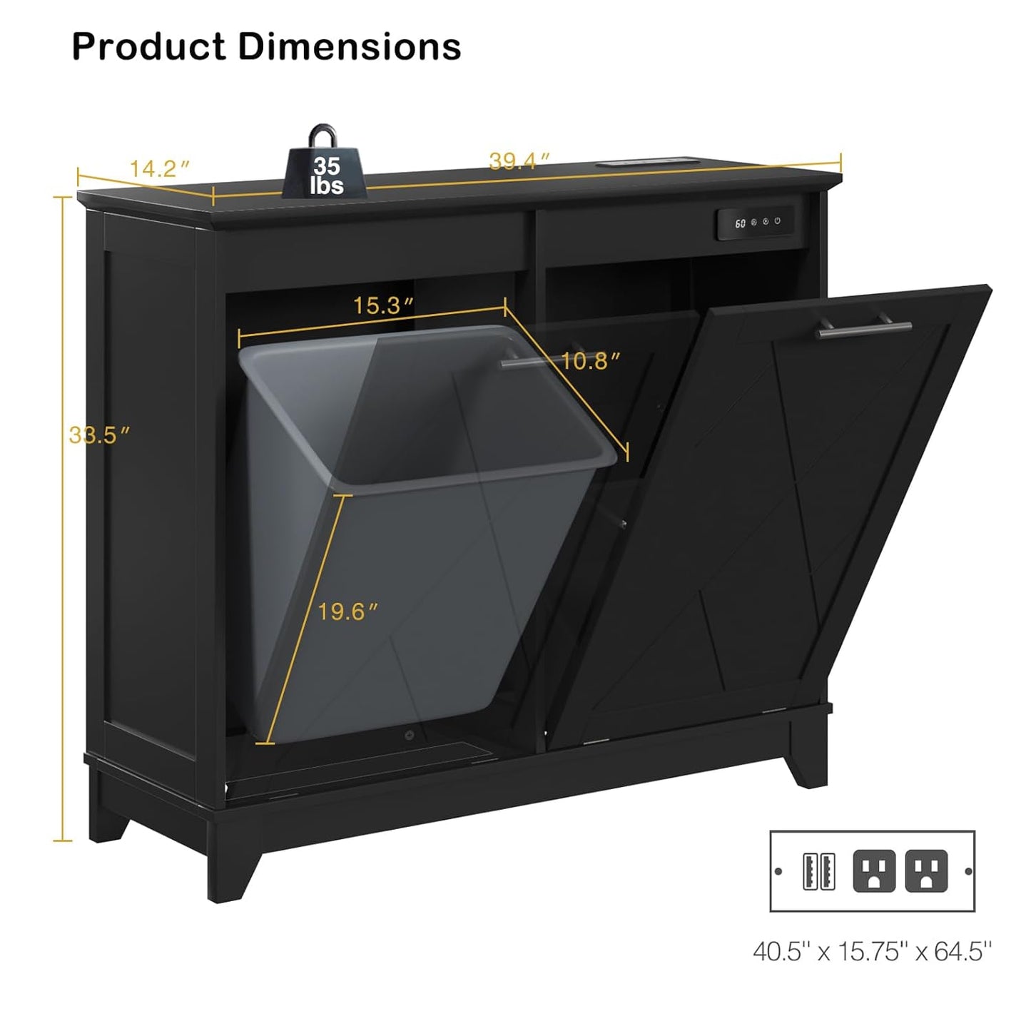 Double Tilt Out Trash Can Cabinet, 10 * 2 Gallon Garbage Trash Bin with Charging Station and Deodorizing Function, Dog-Proof Storage Cabinet for Hidden Bathroom Laundry Hamper, Black