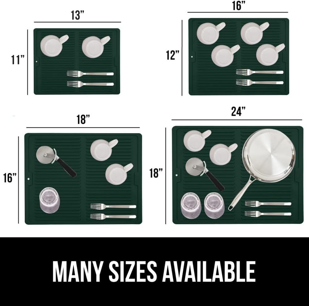 GORILLA GRIP 100% BPA-Free Silicone Dish Drying Mat for Kitchen Counter, 18x24, Quick Dry, Water Catching Ribbed Design, Easy Clean Waterproof Sink Liner, Heat Resistant, Fits Under Rack, Hunter Green