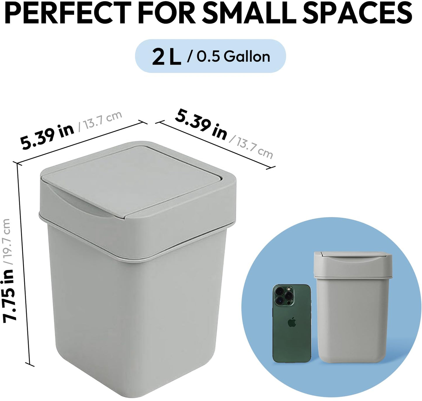 carrotez Mini Trash Can, Countertop Trash Can 2 Liter/ 0.5 Gallon, Mini Wastebasket, Garbage Container Bin for Coffee Area, Bathroom, Kitchen, Office, Tabletop- Grey