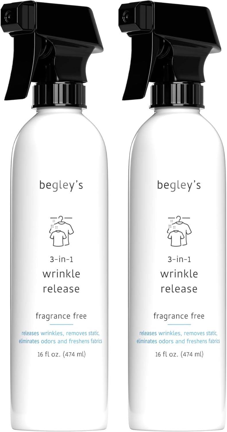 Begley's 3-in-1 Wrinkle Remover, Quick Fix Wrinkle Release, Static Cling Remover, Odor Eliminator and Fabric Refresher Spray - USDA Certified Biobased - Fragrance-Free, 16 oz, 2 Pack