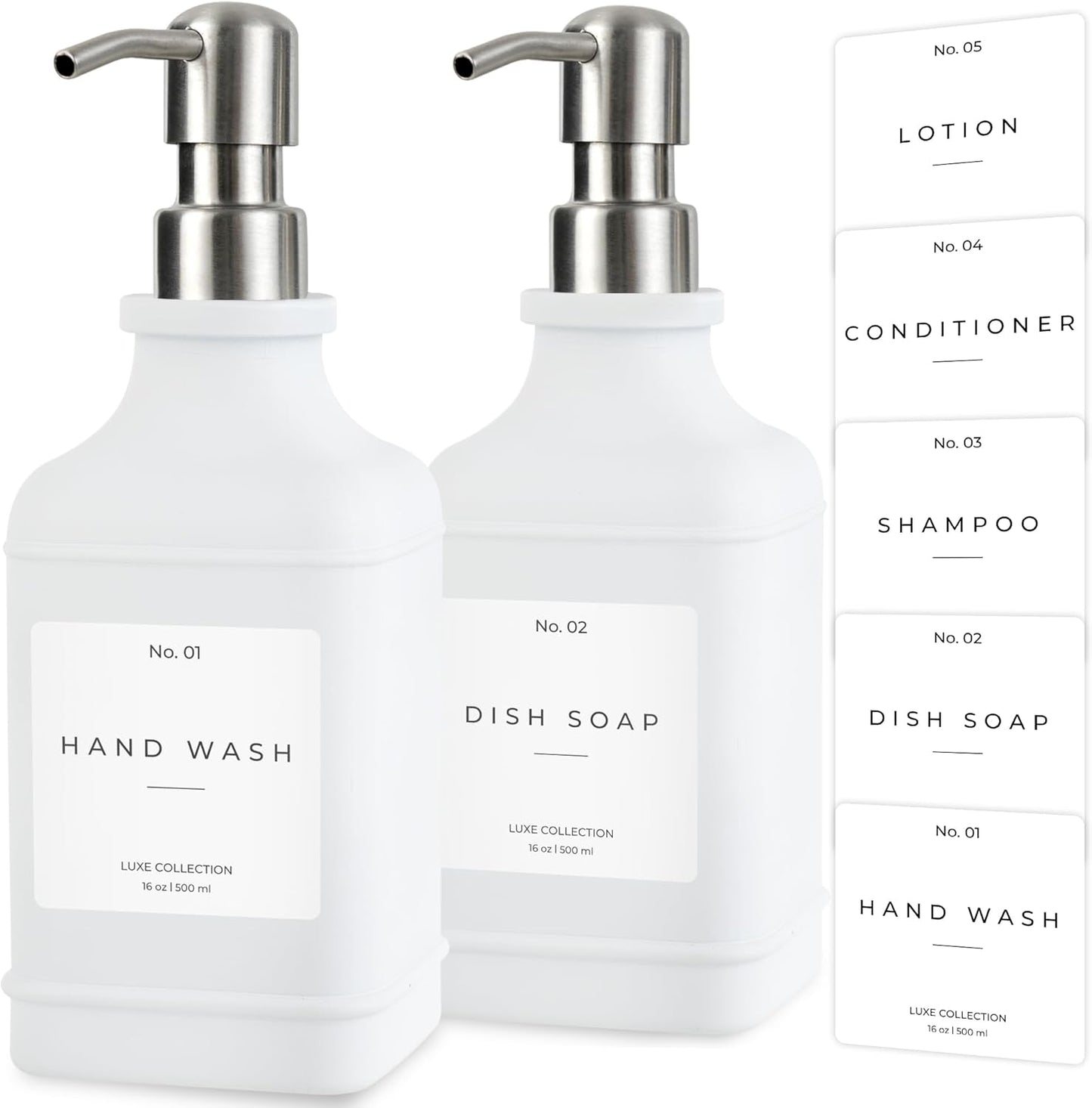 Emerson Essentials Soap Dispenser, Dish Soap Dispenser, Soap Dispenser Bathroom Set, Hand Soap Dispenser, Kitchen Soap Dispenser Set, Glass Soap Dispenser with Pump + Labels | 16 Oz, 2-Pack