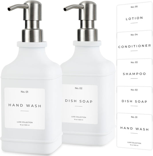 Emerson Essentials Soap Dispenser, Dish Soap Dispenser, Soap Dispenser Bathroom Set, Hand Soap Dispenser, Kitchen Soap Dispenser Set, Glass Soap Dispenser with Pump + Labels | 16 Oz, 2-Pack