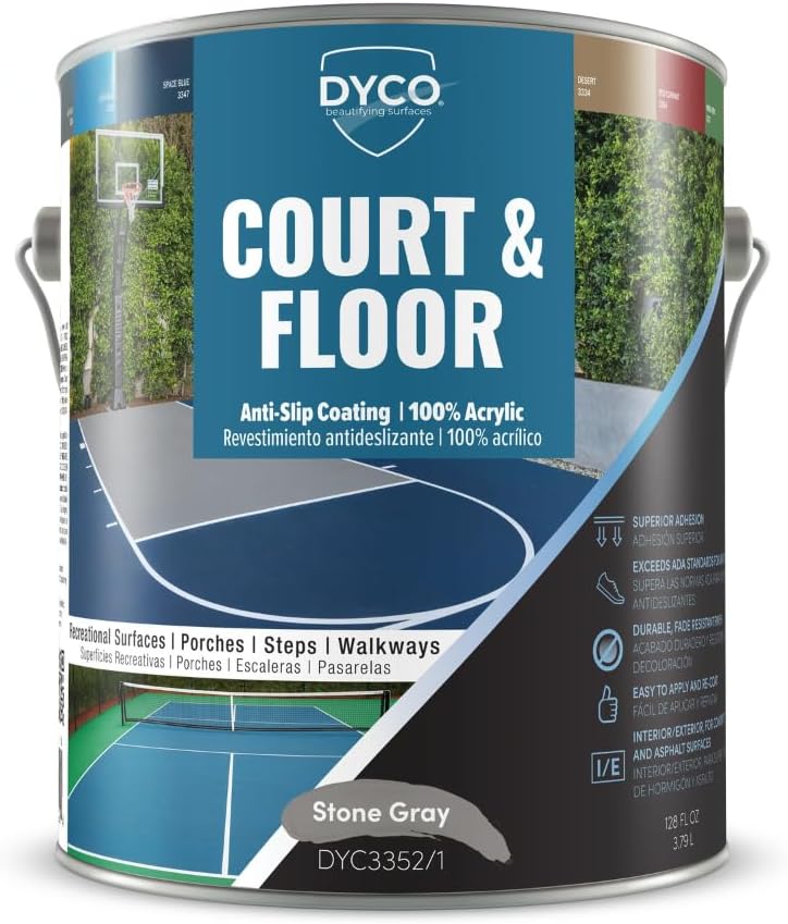 DYCO Court & Floor Anti-Slip Coating - Slip-Resistant Pavement, Cement & Concrete Paint for Pickleball, Tennis & Basketball Courts, Exceeds ADA Standards for Safety Areas (Stone Gray, 1 Gallon)