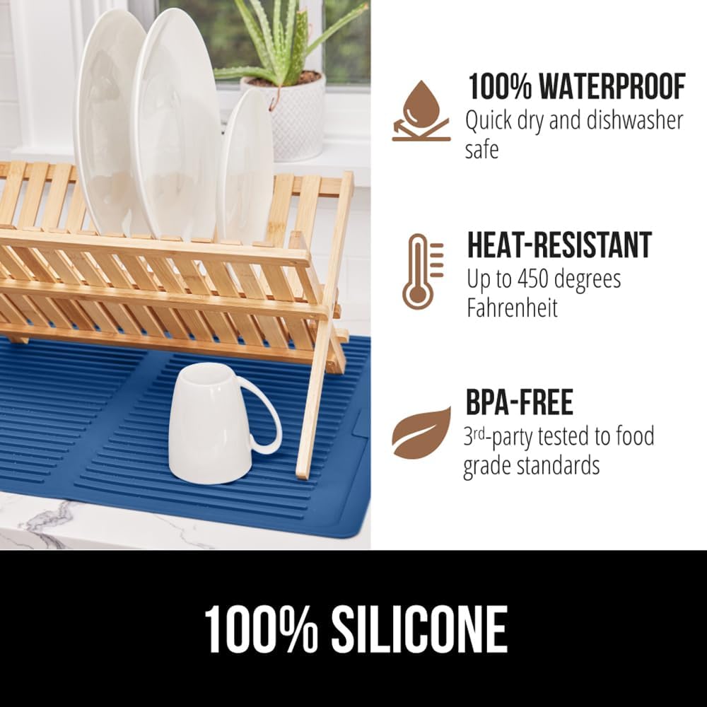 GORILLA GRIP 100% BPA-Free Patented Silicone Dish Drying Mat for Kitchen Counter, Water Catching Ribbed Design, Easy Clean Waterproof Sink Liner, Heat Resistant, Fits Under Rack, 13x11 Inch, Blue