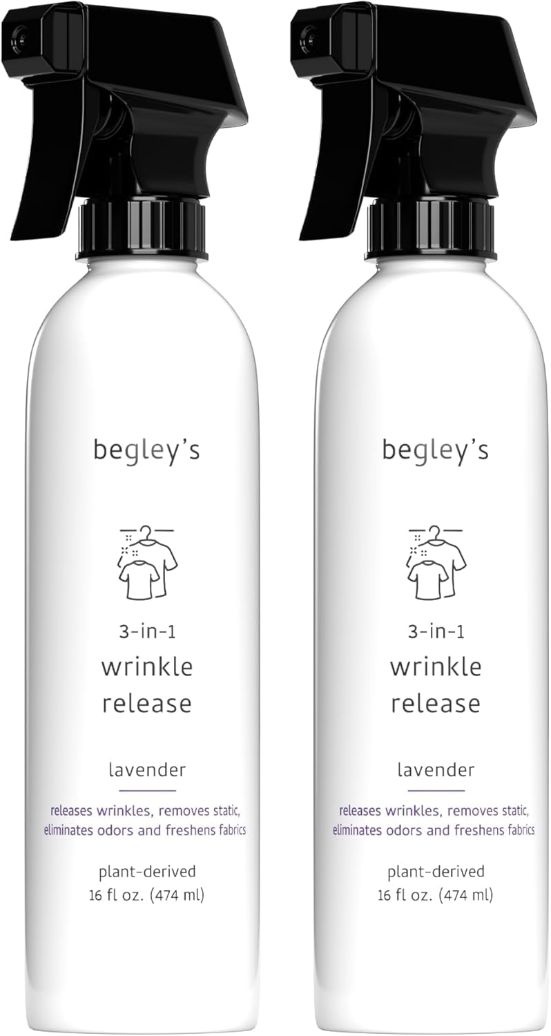 Begley's 3-in-1 Wrinkle Remover, Quick Fix Wrinkle Release, Static Cling Remover, Odor Eliminator and Fabric Refresher Spray - Plant-Derived, USDA Certified Biobased - Lavender, 16 oz, 2 Pack