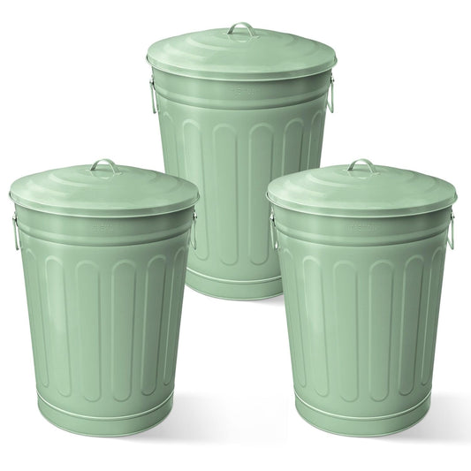 Plexon Round Trash Can 13 Gallon, Vintage Metal Outdoor Trash Can with Lid, Retro Farmhouse Garbage Container, Old School Modern Ash Bucket, Green 3 Pack