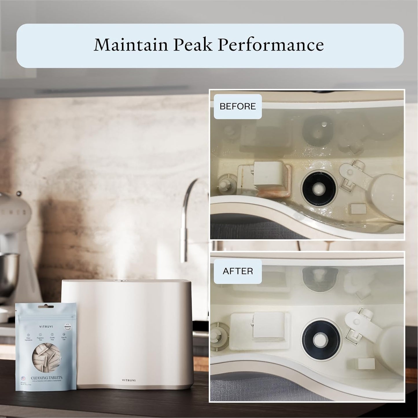 VITRUVI Cleaning Tablets for Diffusers & Humidifiers | Removes Stains & Residue, Prevents Buildup, Enhances Performance | Easy to Use | Made in USA - Pack of 18