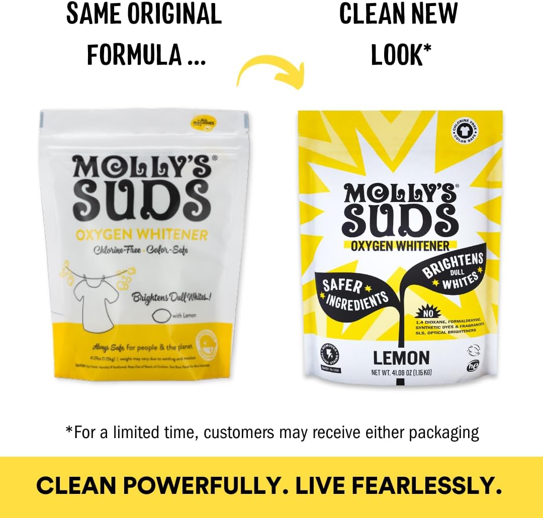 Molly's Suds Oxygen Whitener | Powerful Bleach Alternative, Chlorine Free & Color Safe | Brightens Whites and Removes Stains (Lemon Essential Oil - 41.09 oz)
