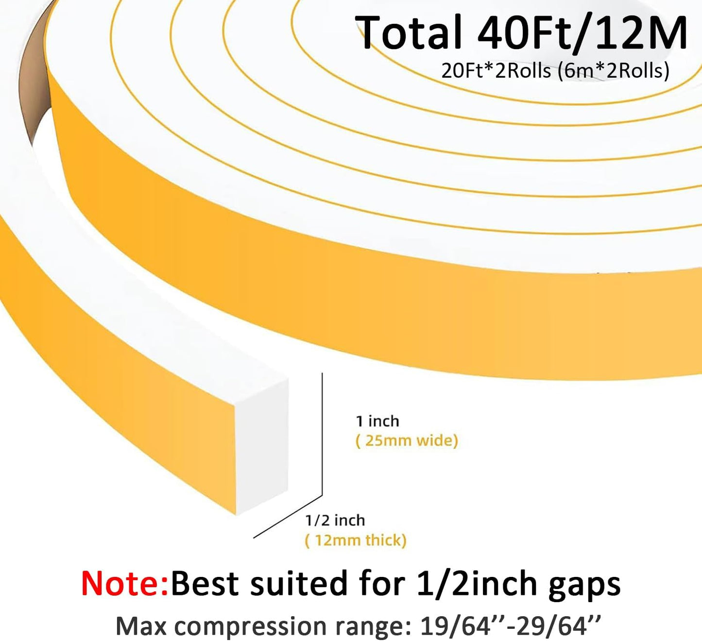 High Density Foam Weather Stripping Door Seal Strip Insulation Tape Roll for Insulating Door Frame, Window, Air Conditioner Self Adhesive Sealing Weatherstrip Dustproof (1 in x 1/2 in x 40 Ft)